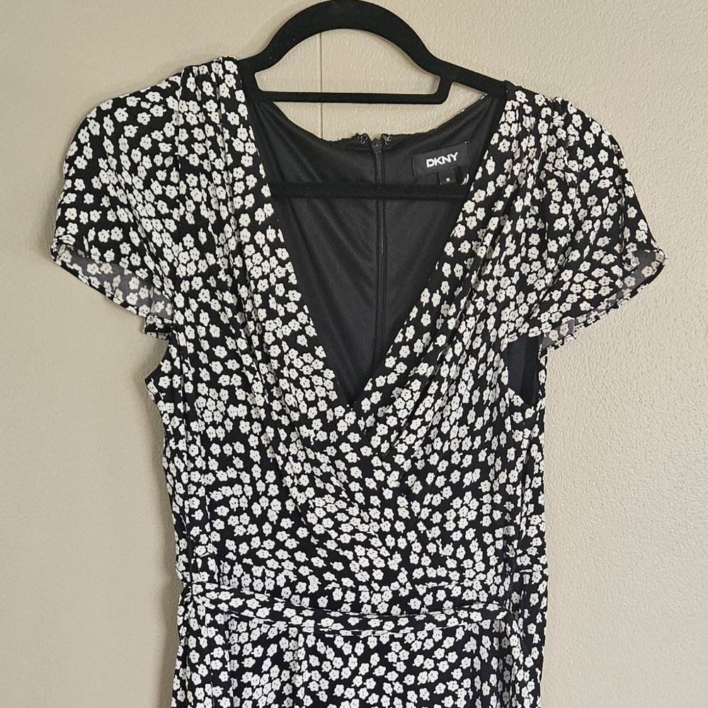 DKNY Womens Sz 10 Floral Print Ruffled Faux Wrap CapSleeve Midi Dress